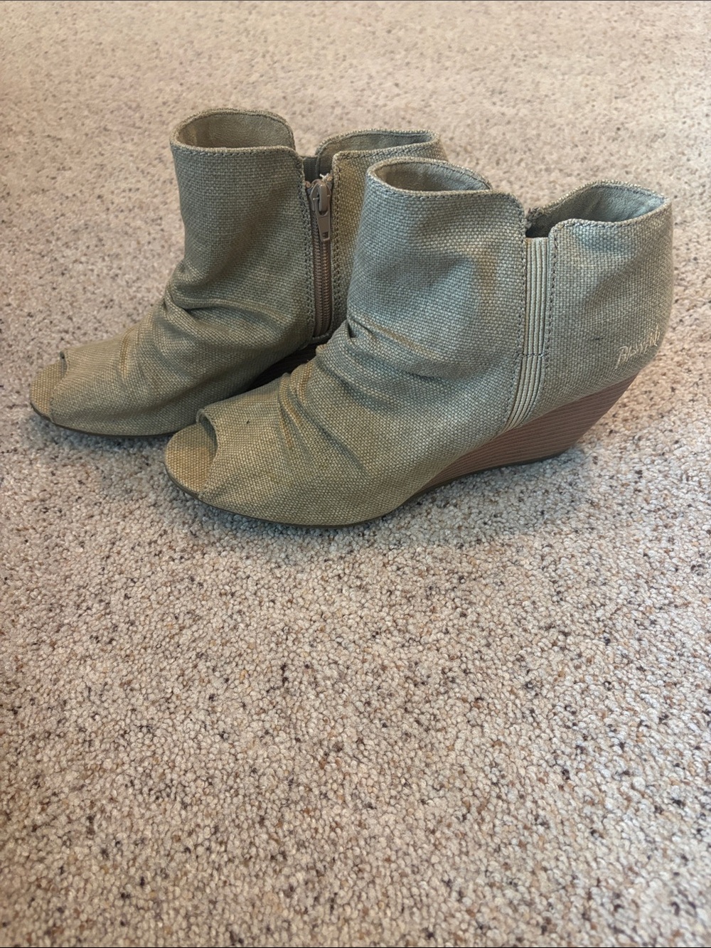 Blowfish Olive Green Canvas Peep-Toe Wedge Booties